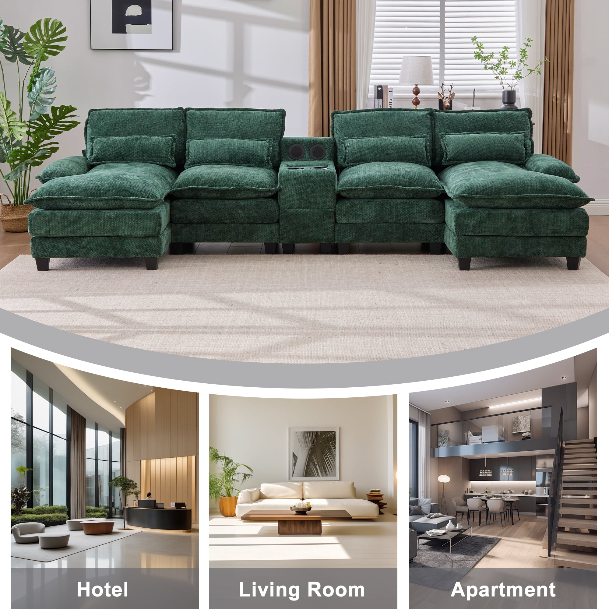 Villeston 126.77" U-Shaped Cloud Sofa With Chaise Lounge, Chenille Sofa With Wireless Charging, Bluetooth Speaker, Two Cup Holders, Storage Drawer, Suitable For Living Room,Green