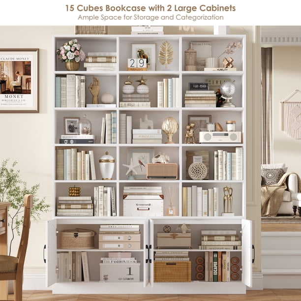 Homfa 5-Tier Triple Wide Bookcase with 4 Doors, 15 Cubes Bookcase