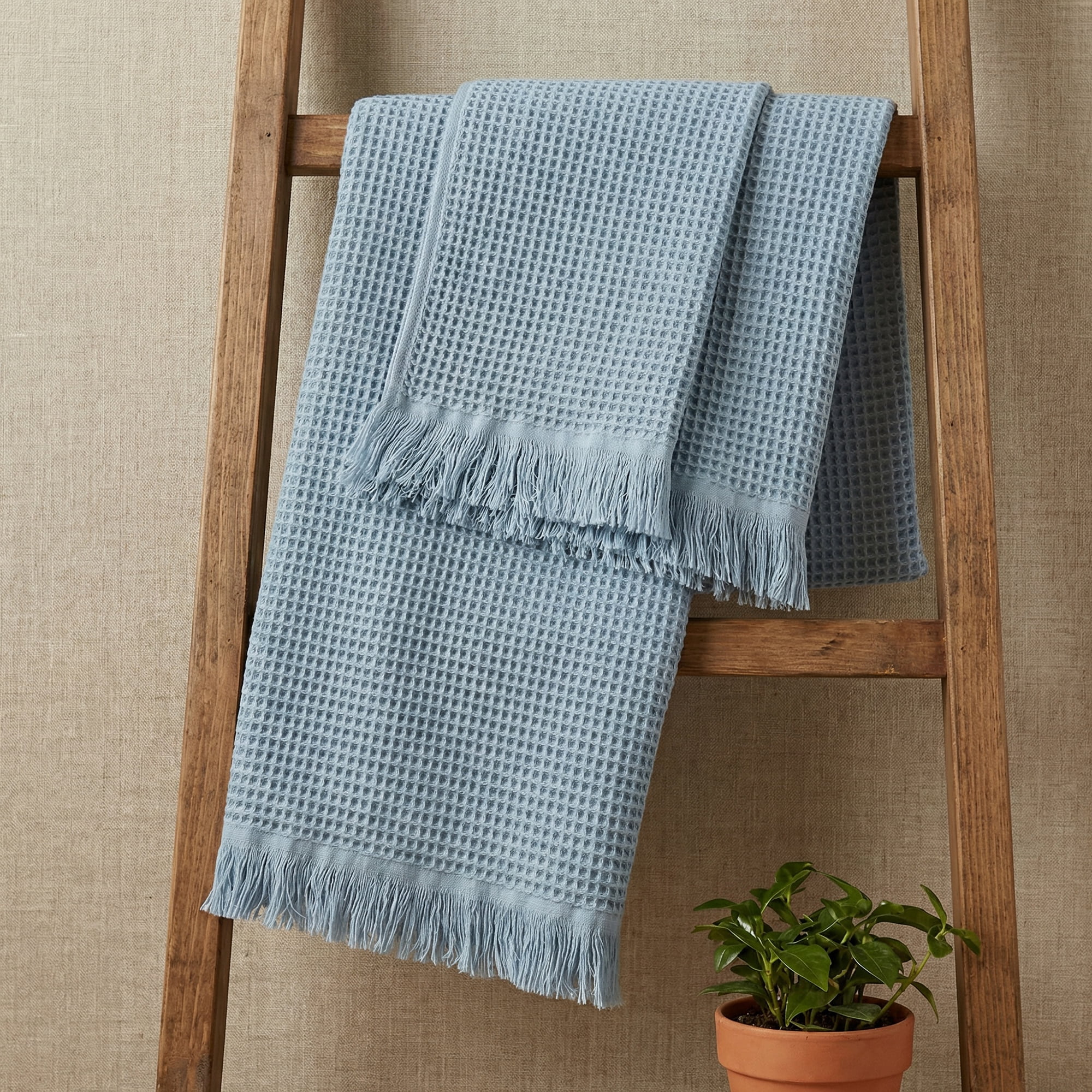 Unique Bargains Soft Absorbent Cotton Waffle Bath Towel Blue/Pink 71"x35"