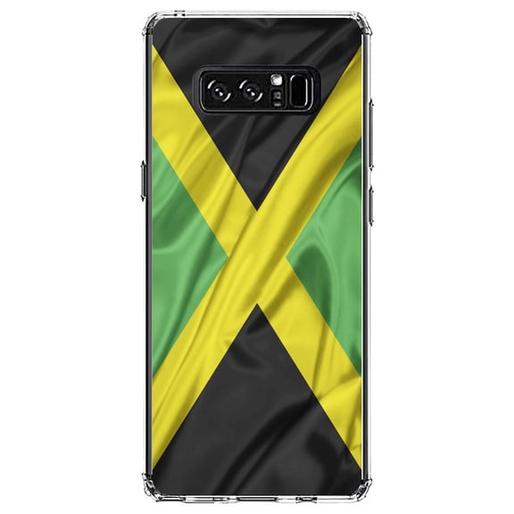 DistinctInk Clear Shockproof Hybrid Case for Samsung Galaxy Note 8 - TPU Bumper, Acrylic Back, Tempered Glass Screen Protector - Jamaica Waving Flag Black Green Yellow - Jamaica