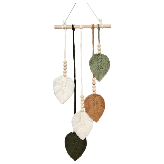 Bohemian Macrame Wall Decor, Leaf Macrame Wall Art with Wood Beads, 9.8 x 23.6 in / 25 x 60 cm Handmade Yarn Macrame Leaves Wall Hanging Decor for Bedroom, Living Room, Apartment