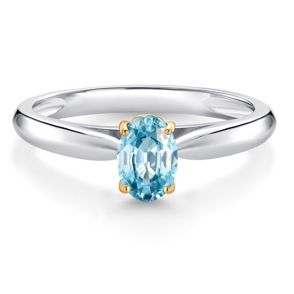 Gem Stone King 0.65 Ct Oval Blue Zircon 925 Silver and 10K Yellow Gold Solitaire Engagement Ring (Size 6)