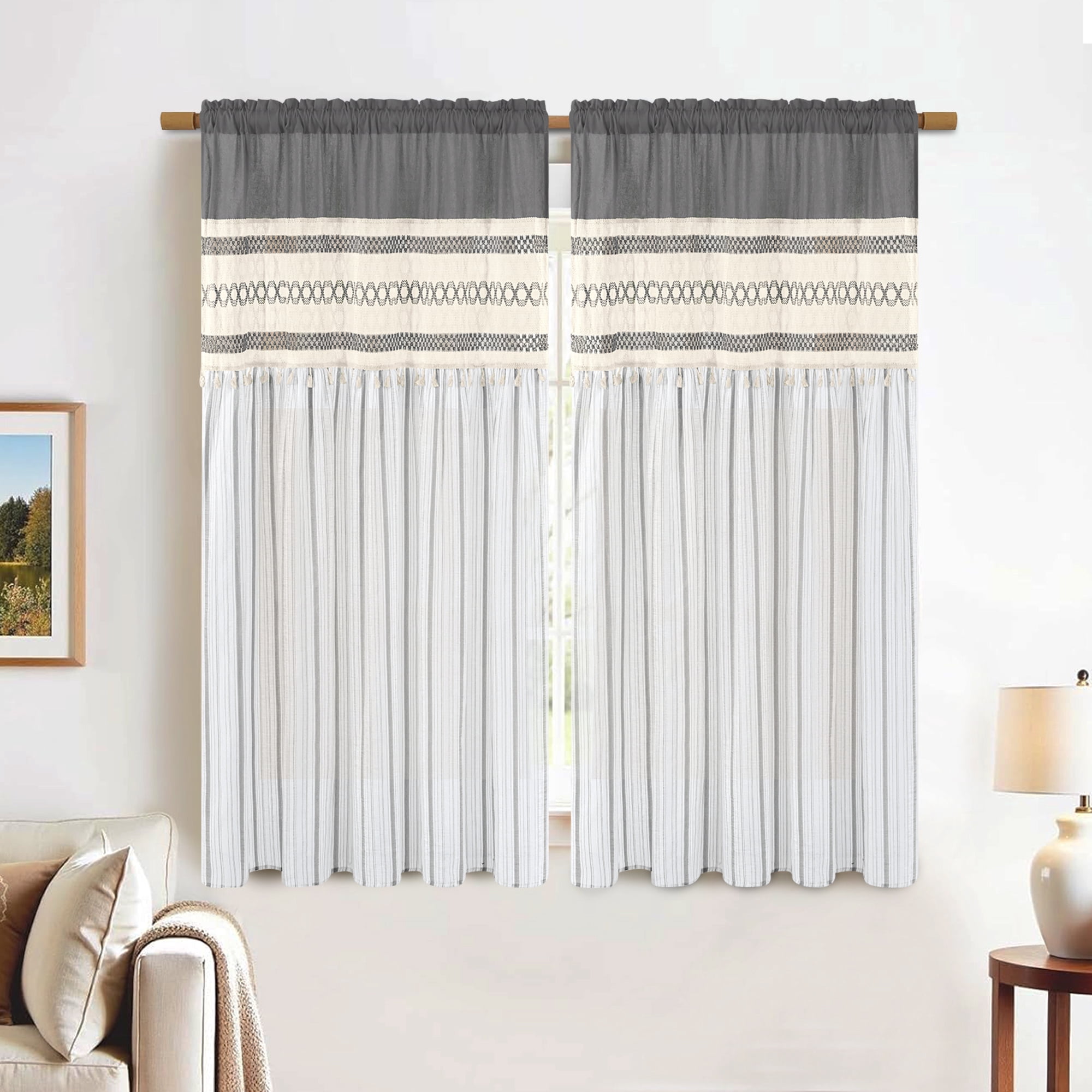Alishomtll Boho Linen Light Filtering Curtains 63 Inches Long Farmhouse Rustic Striped Drapes Macrame Burlap ,Rod Pocket  ,Gray ,with Tassel