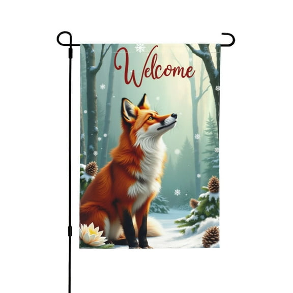 Winter Welcome Fox Garden Flag 12x18 Inch Double Sided Outdoor Decor Festive Snow Woods Animal Yard Flag For Winter Holiday Season