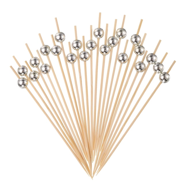 Uxcell 200Pcs Palillos de Cóctel de Perla de Bambú para Bebidas, Comida y Frutas, Tono Plateado