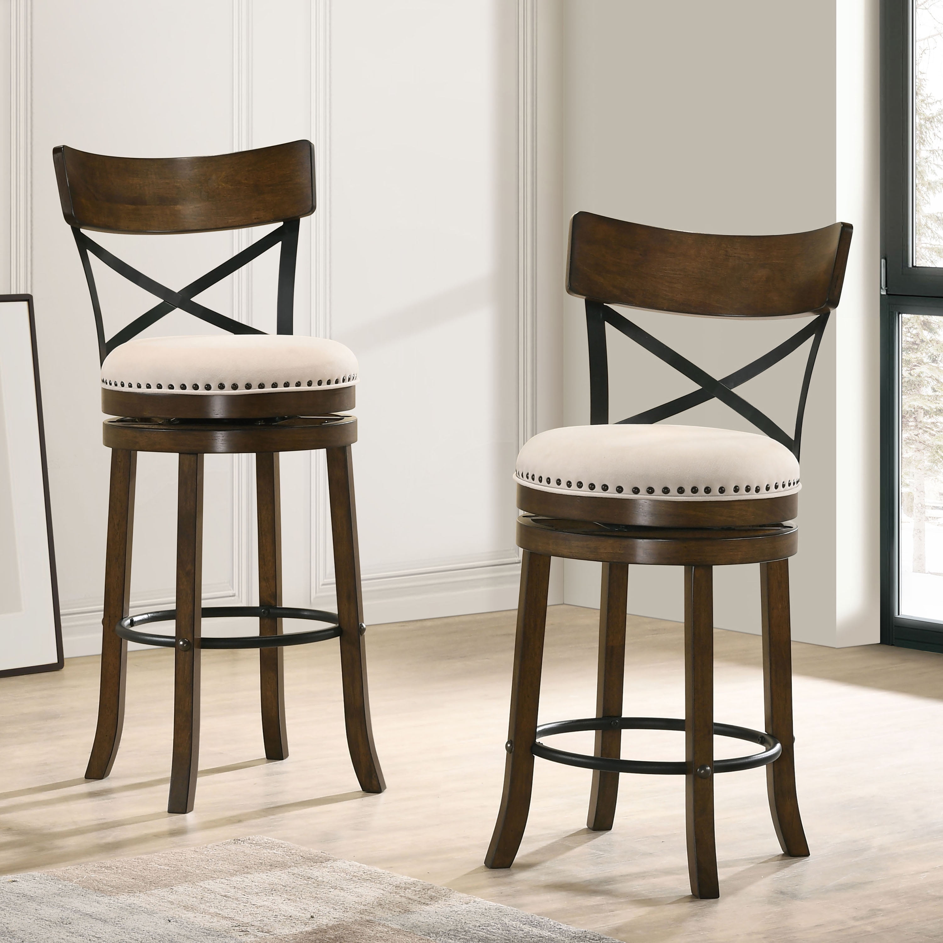 Furniture of America Zaren Wood Swivel Barstool-Set of 2, Oak, 29-in