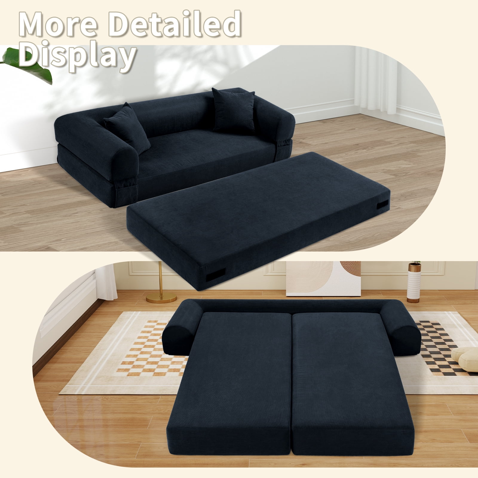 3 in 1 Convertible Sofa Bed, 80" Corduroy Folding Pull Out Couch with 2 Pillows, Floor Sofa with Side Storage for Living Room, No Assembly Modern Boneless Couch Compression Sofa, 35.4"W