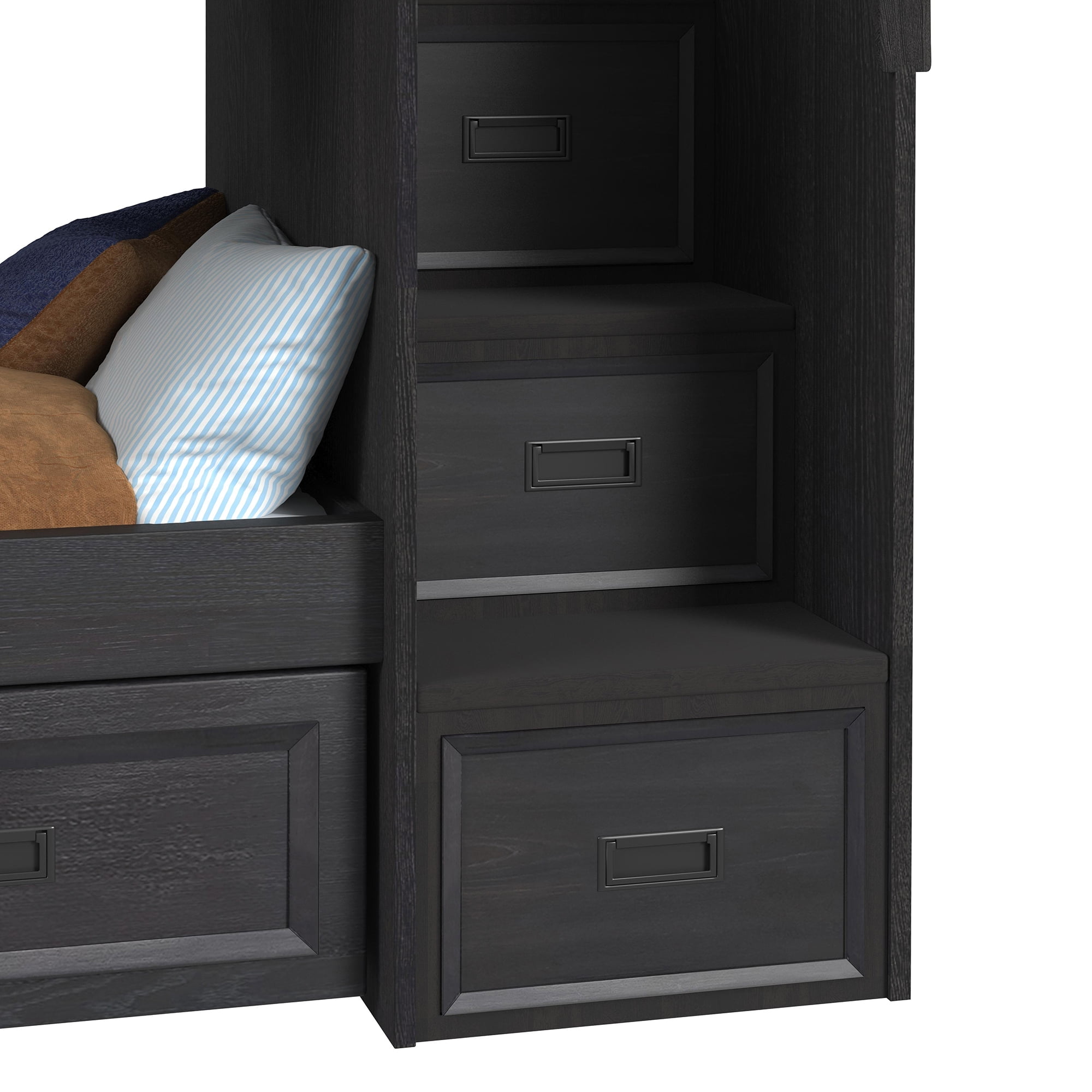 Brooklyn Kids Twin Over Twin Bunk with Staircase and Trundle in Charcoal