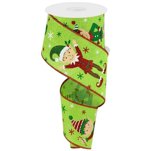 Elves on Canvas Wired Edge Ribbon - 10 Yards (Lime, Red, Green, 2.5 Inch)