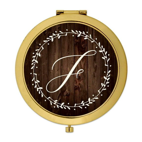 Koyal Wholesale Gold Compact Mirror Bridesmaid's Wedding Gift, Rustic Wood with Laurels, Monogram Letter F, 1-Pack