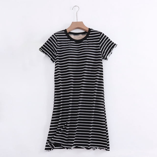 Xysaqa Chemise de Nuit pour Femmes en Coton Doux, Chemise de Nuit Rayée avec Soutien-Gorge Intégré, Robe de Nuit Confortable à Manches Courtes, Imprimé, Liquidation, Noir