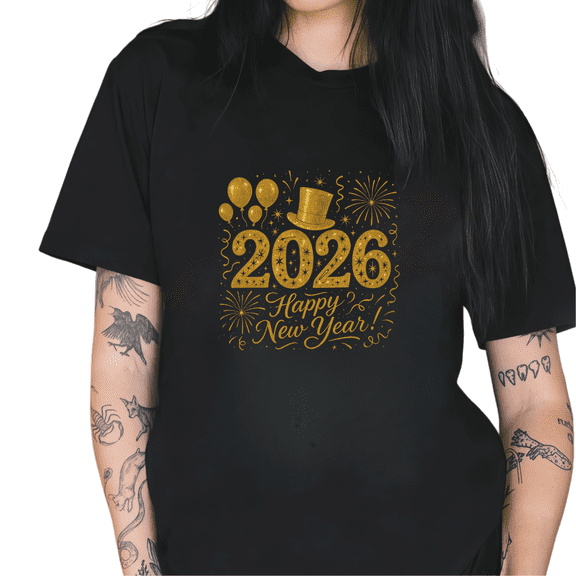 Women's Glitter Print T-Shirt - 2026 Gold Glitter Graphic Tee - New Year's Eve Celebration Short Sleeve Pattern Tops, Daily Outfits