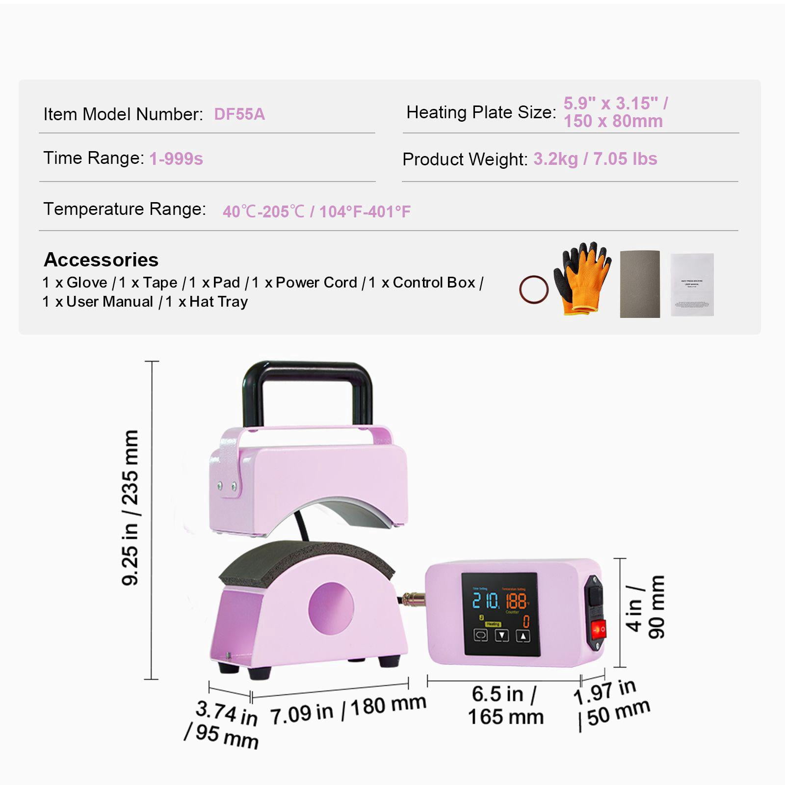 Mini Hat Heat Press Machine with 5.9x3.15 Inch Curved Plate Integrated Control Panel Safety Base Glove Auto Shut Off Purple