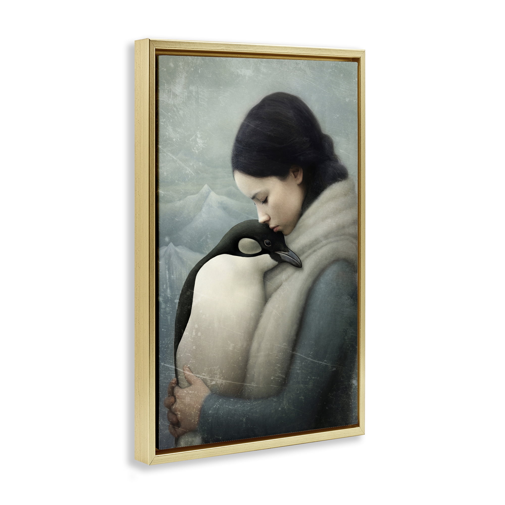 Stupell Industries Girl and Her Penguin People Painting Gold Floater Framed Canvas Art Print Wall Art, 17 x 25