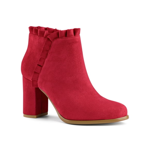 Unique Bargains Women's Ruffle Block Heel Ankle Boots Red (Size 7.5)