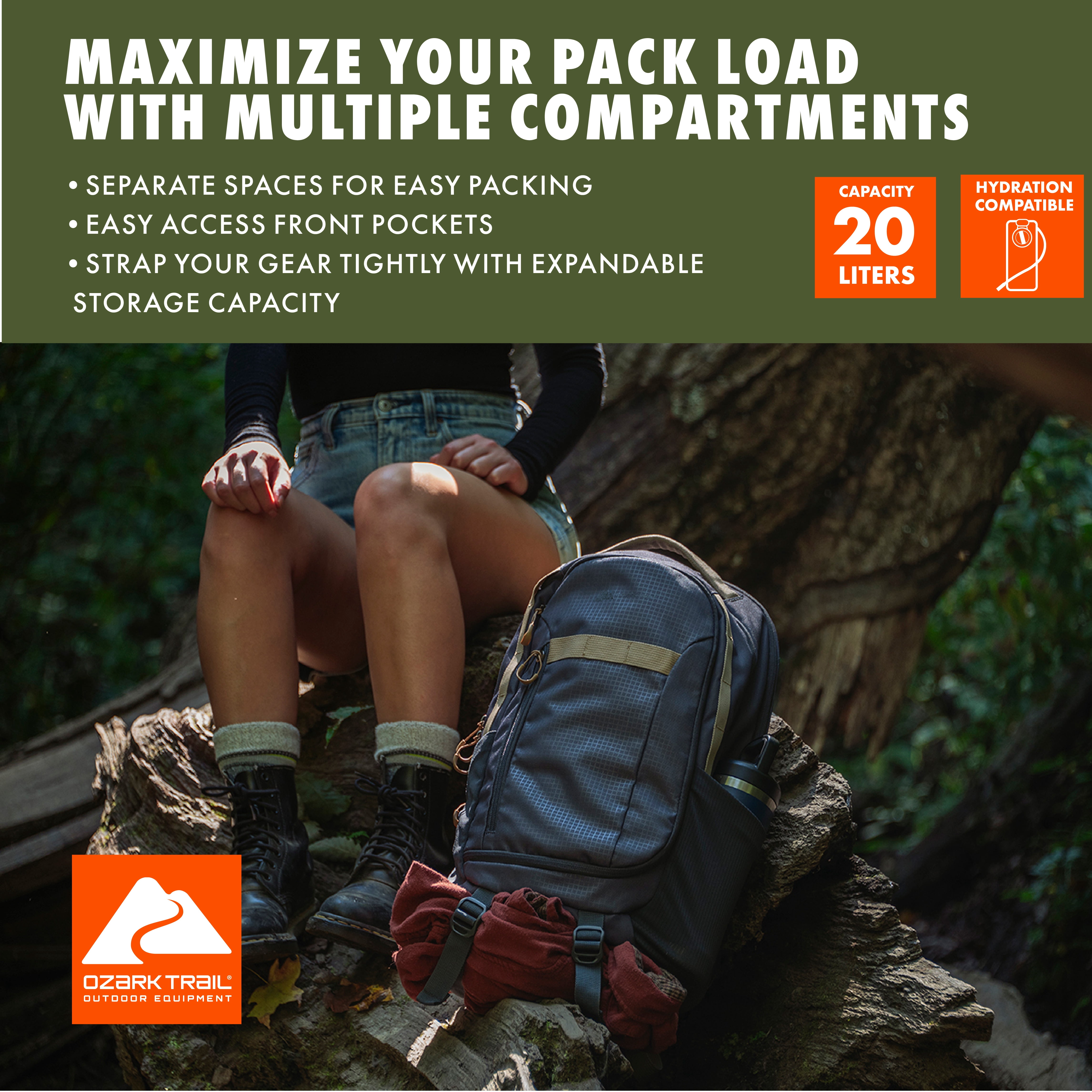 Ozark Trail 20L Adult/Teen Polyester Cedar Daypack Backpack with Padded Laptop Compartment, Gray