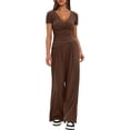 thumbnail image 4 of Scacto Women 2 Piece Outfit Sets, Short Sleeve V-Neck Ruched Top & Wide Leg Pants, Casual Daily Wear Gym Sweatsuit, 4 of 5
