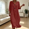 thumbnail image 4 of Hzzrkos Women Casual Vintage Loose Solid Color Three‑Quarter Sleeve V‑Neck Button‑Up Maxi Dress for Daily Vacation Beach Outdoor Occasions, 4 of 6