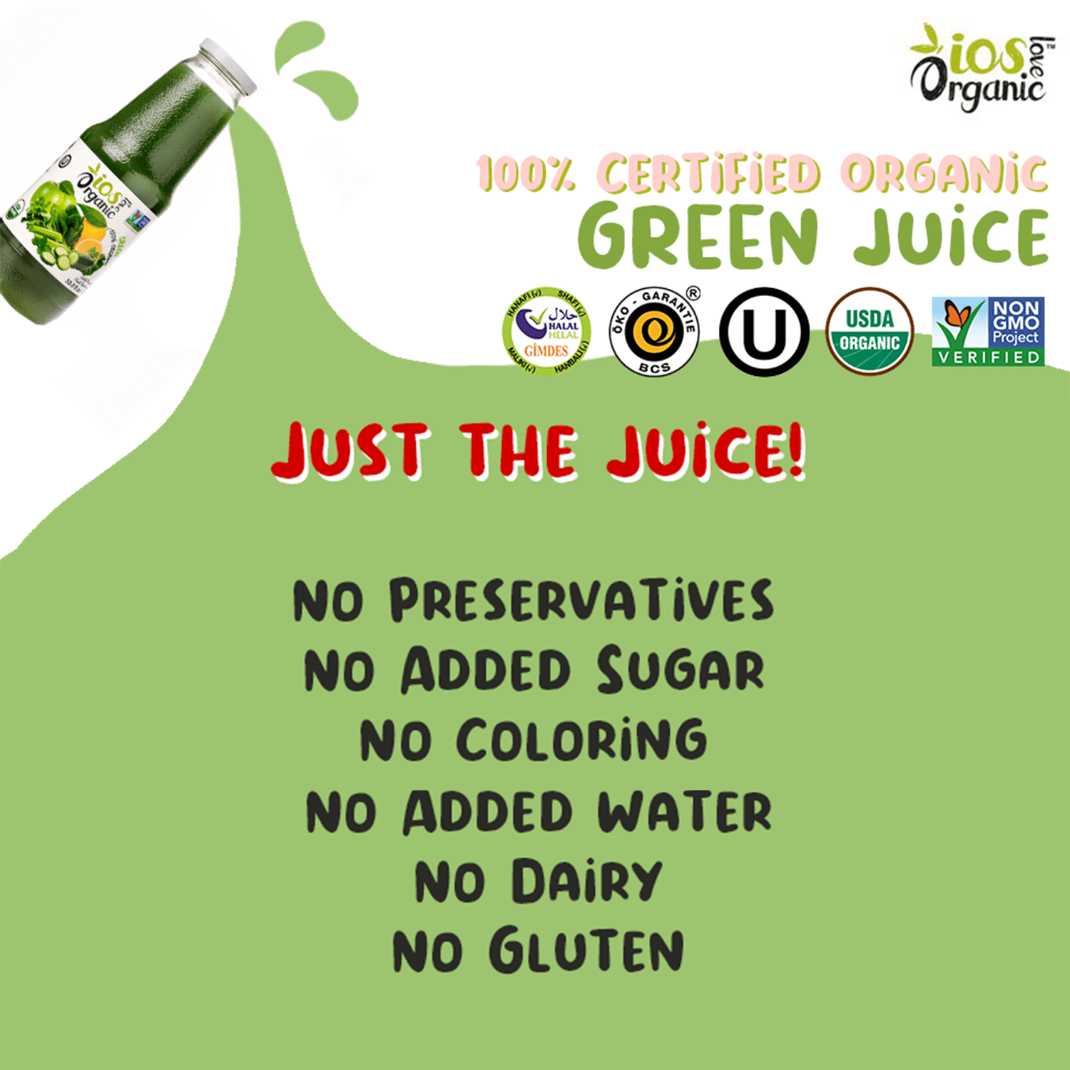 IOS Love Organic Juice - USDA Organic Certified - Cold Pressed, No Added Sugar, No Water, No Artificial Colors, No Preservatives, No Flavors Added, No Gluten - 33.8 Fl Oz (Green, Pack of 6)