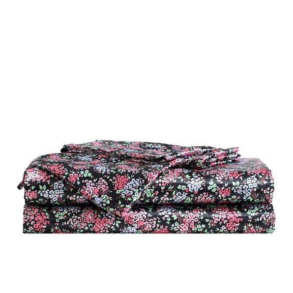 Betsey Johnson Confetti Floral Black & Pink & Blue Full Sheet Set, Silky Satin Bedding, Machine Washable