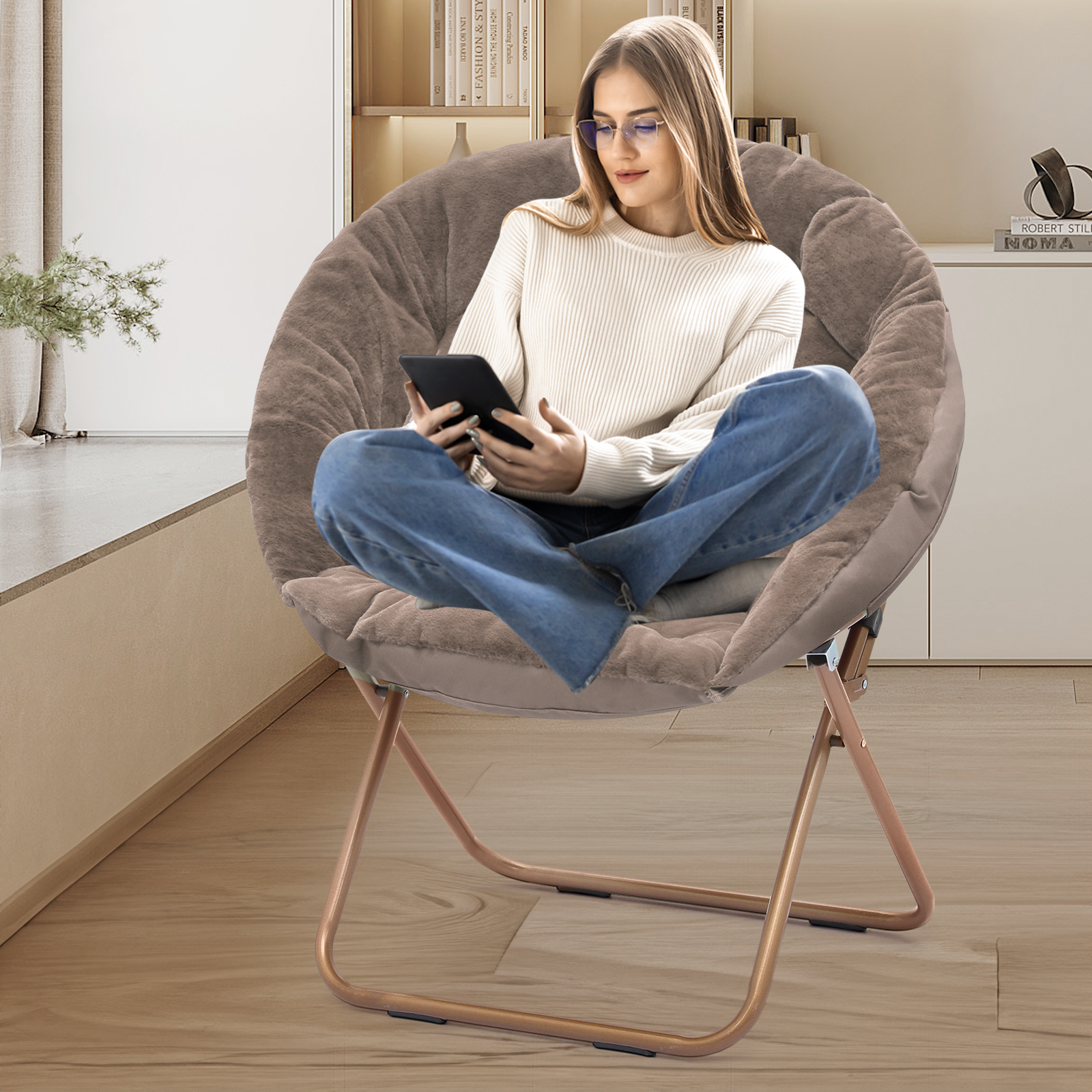Magshion Comfy Saucer Chair, Foldable Faux Fur Lounge Chair for Bedroom Living Room, Cozy Moon Chair with Metal Frame for Adults, X-Large, Beige - image 4 of 10