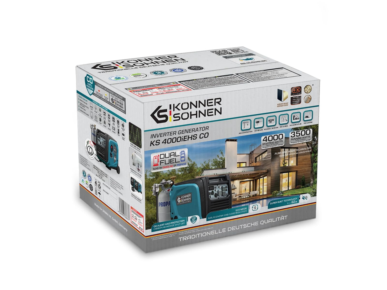 Konner & Sohnen 4000W Dual Fuel Generator Portable LPG/Gasoline 120V USB Quiet Parallel Ready Foldable Handle and Wheels Outdoor Camping Home Backup