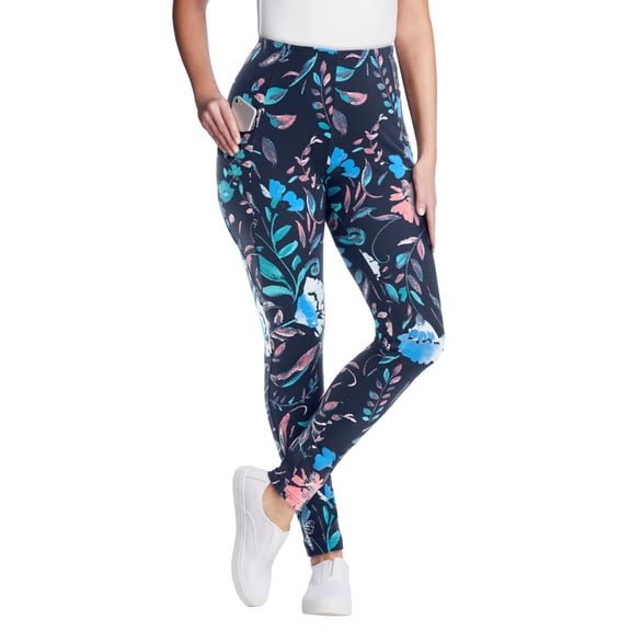 Woman Within Plus Size Tall Stretch-Cotton Knit Pull-On Printed Pocket Leggings