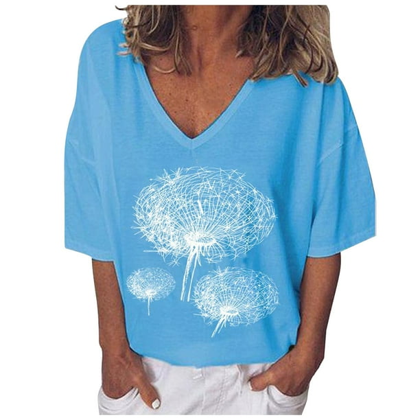 Gibobby Camiseta de manga corta para mujer Camiseta suelta informal con cuello en V para mujer, blusa manga corta con estampado(Azul,M)