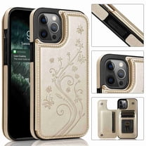 Dteck for iPhone 13 Pro Wallet Case with Card Holder, Butterfly Flower Embossed Faux Leather Kickstand Card Slots Case, Handmade Shockproof Protective Slim Soft Flip Phone Case 2021 6.1", Gold
