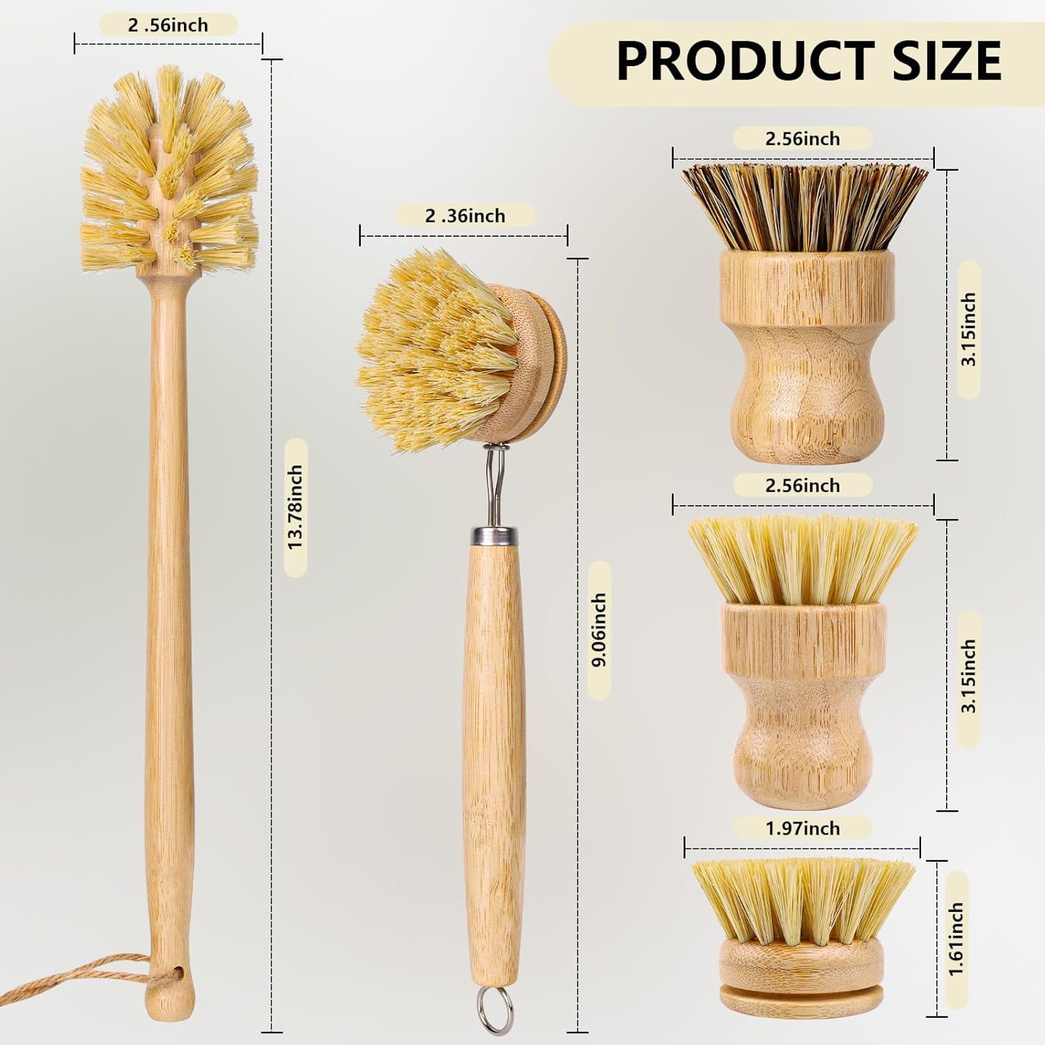 5 Pack Bamboo Dish Brush Set, Wooden Dish Brush with 14’’ Bottle Brush, Natural Kitchen Scrub Brush for Dishes Pots, Pans, Sinks, Woks, Vegetables