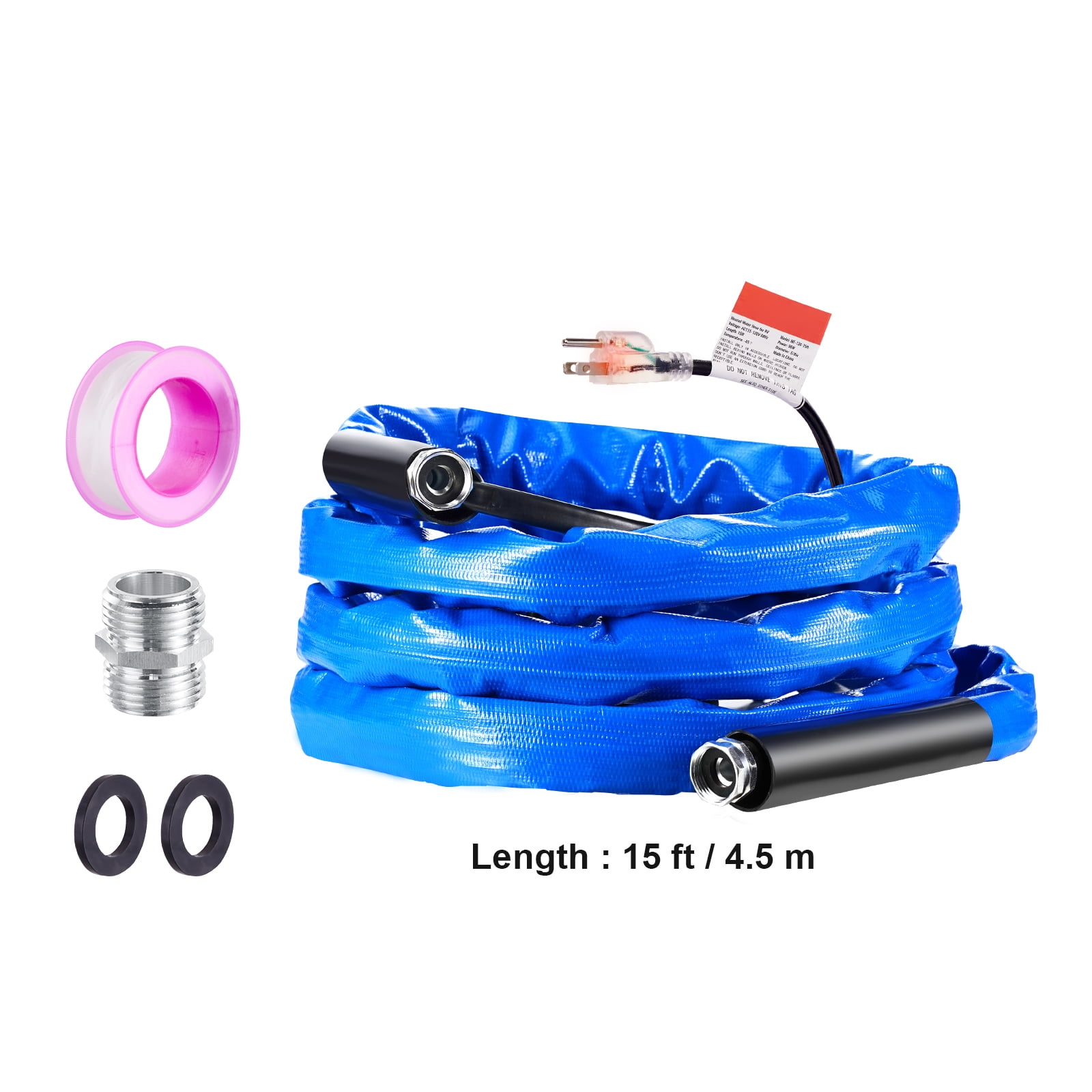 KFFKFF 15ft RV Heated Water Hose, Corrugated Cover, Anti-Freeze up to -45°F, Self-Regulating, 5/8" I.D., 3/4" GHT Adapter, Lead & BPA Free