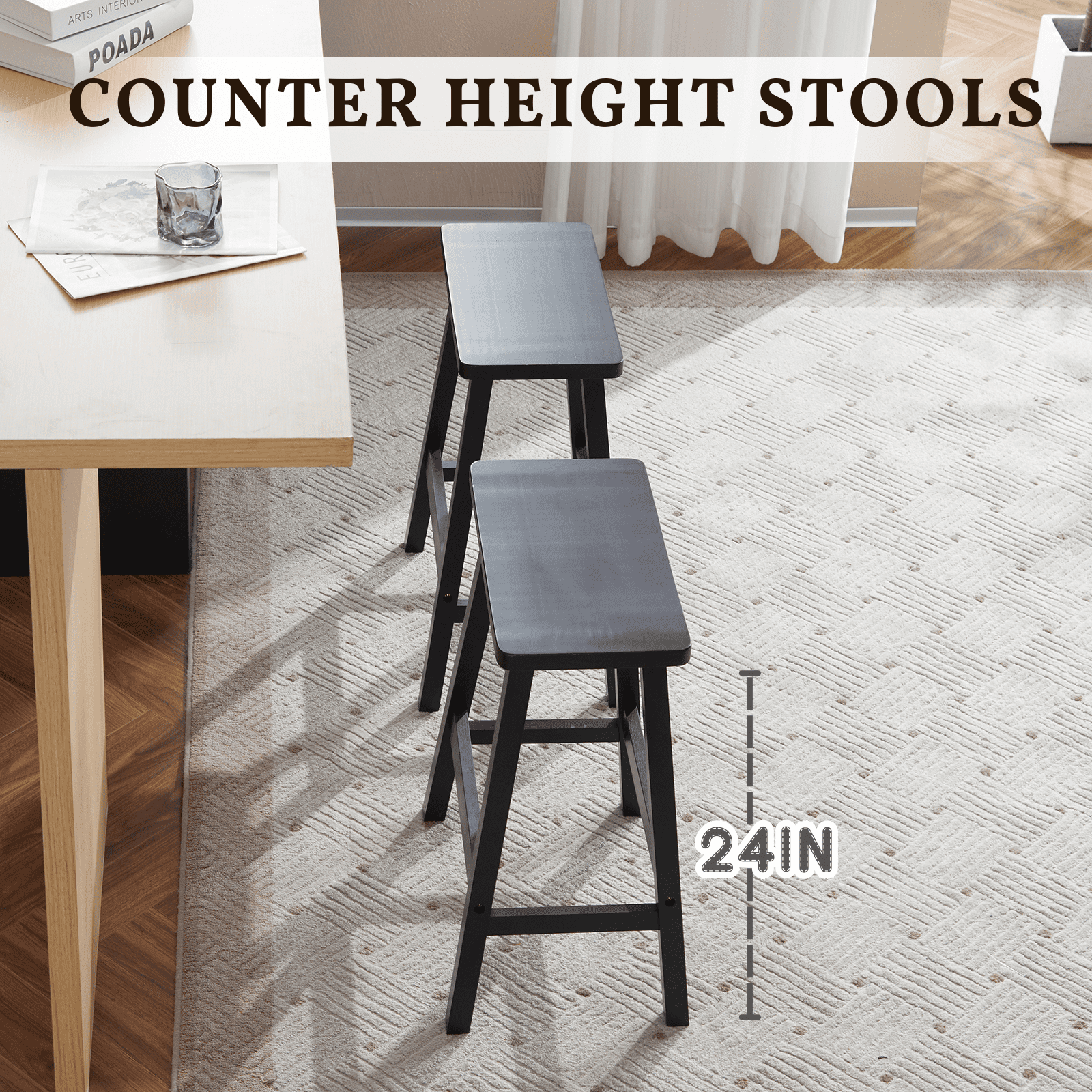 Ktaxon Saddle Seat 24" Bar Stools 2 Set, Set of 2 Counter Height Barstools Solid Wood Dining Room Kitchen Pub Chair,Black