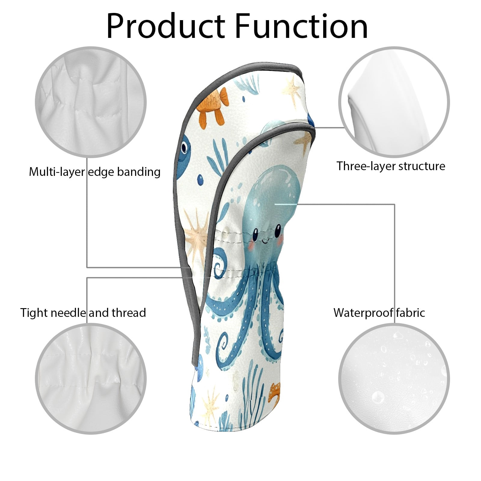 Golf Club Covers PU Leather Waterproof Head Covers for Fairway Woods Hybrids Cute Cartoon Sea Creatures Unisex Fits Most Brands