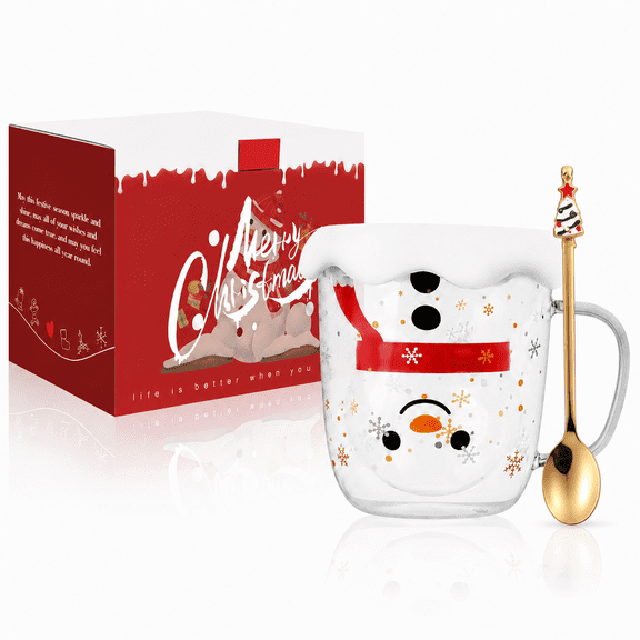 Snowman Christmas Coffee Mug Glass Tea Cup | Milk Cup Glasses Double Wall Insulated, Best Christmas for Women,Men,Kid, Office and Personal Gifts With Spoon