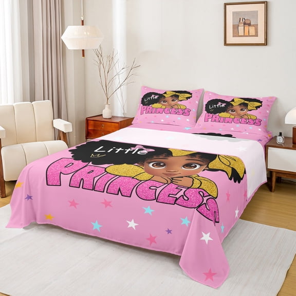 Manfei Black Girl 3pcs Twin Sheet Sets,Kawaii Princess Twin Fitted Sheet,Colorful Stars Breathable Flat Sheet,Super Cozy Glitter Room Decoration
