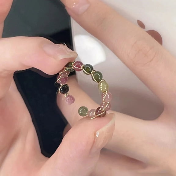 Womens Ring Fashion Geometric Alloy Ring Beaded Ring with Rainbow Elements Multi-Treasure Design Jewelry Gift for Her