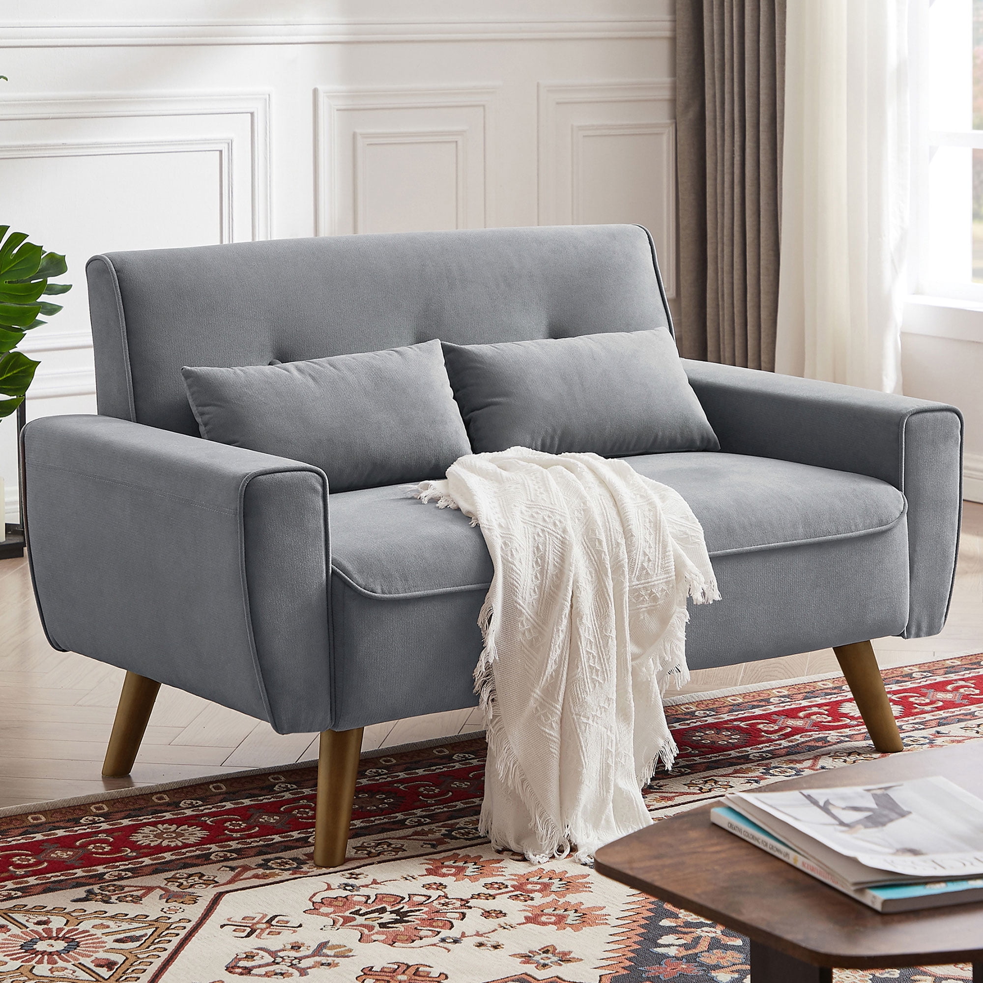 Jarenie 47" Small Modern Loveseat Sofa, Mid Century Linen Fabric 2-Seat Sofa Couch Tufted Love Seat with Back Cushions and Tapered Wood Legs for Living Room, Bedroom and Small Space LightGrey