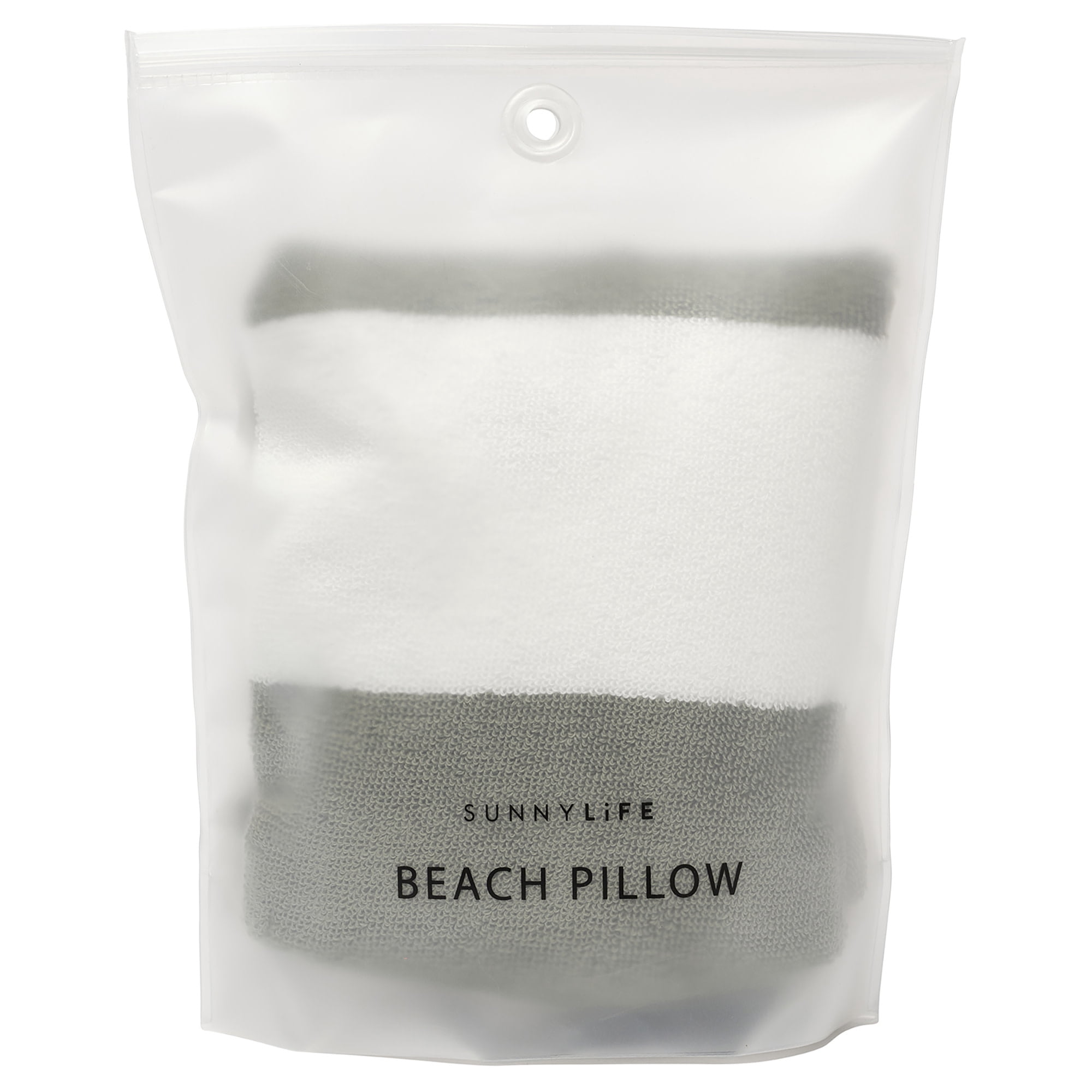 Sunnylife: Inflatable Beach Pillow - The Vacay Olive Stripe - 14x6" Cylinder Neck Pillow, 450gsm Terry Toweling Removable Cover, Pool-Sand-Outdoor