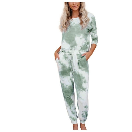 

Women s 2 Piece Lounge Outfits Pajamas Casual Crewneck Tie Dye Long Sleeve Top and Drawstring Pants Sets Sleepwear