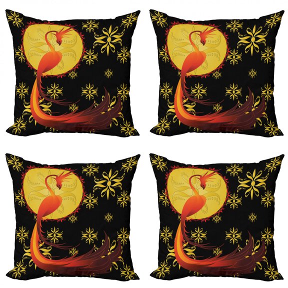 Ambesonne Birds Throw Pillow Cover 4 Pack, Phoenix and Foolmoon, 16", Vermilion Yellow