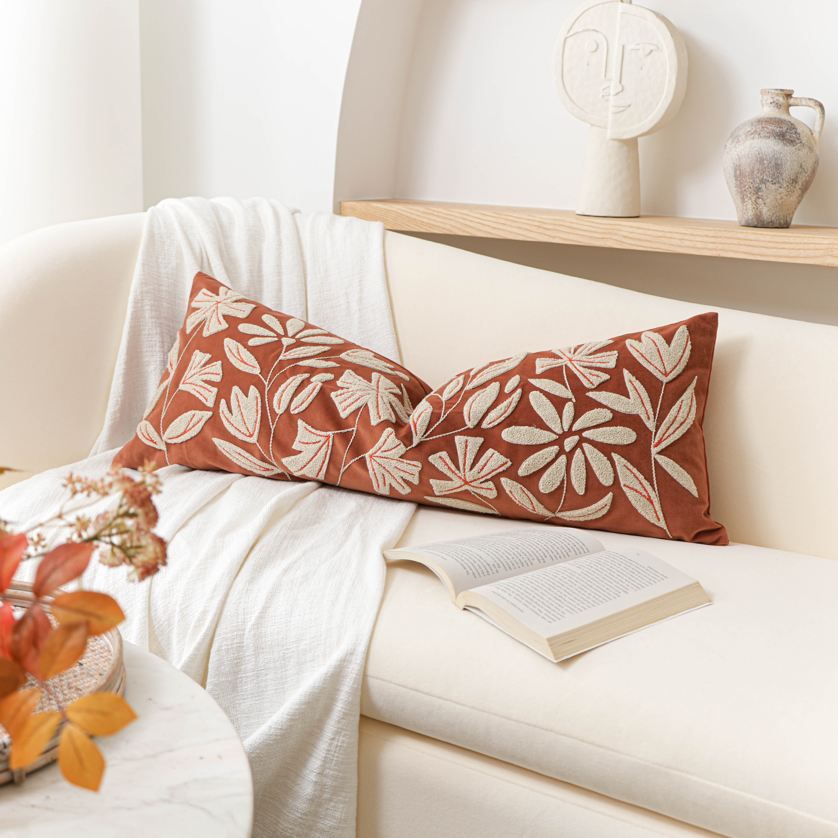 BlissBlush Fall Throw Pillow Cover 14x36 Long Lumbar Throw Pillow for Bed, Rust Brick Red Soft Velvet Accent Farmhouse Body Lumbar Throw Pillowcase for Bedroom Sofa Couch, Home Décor