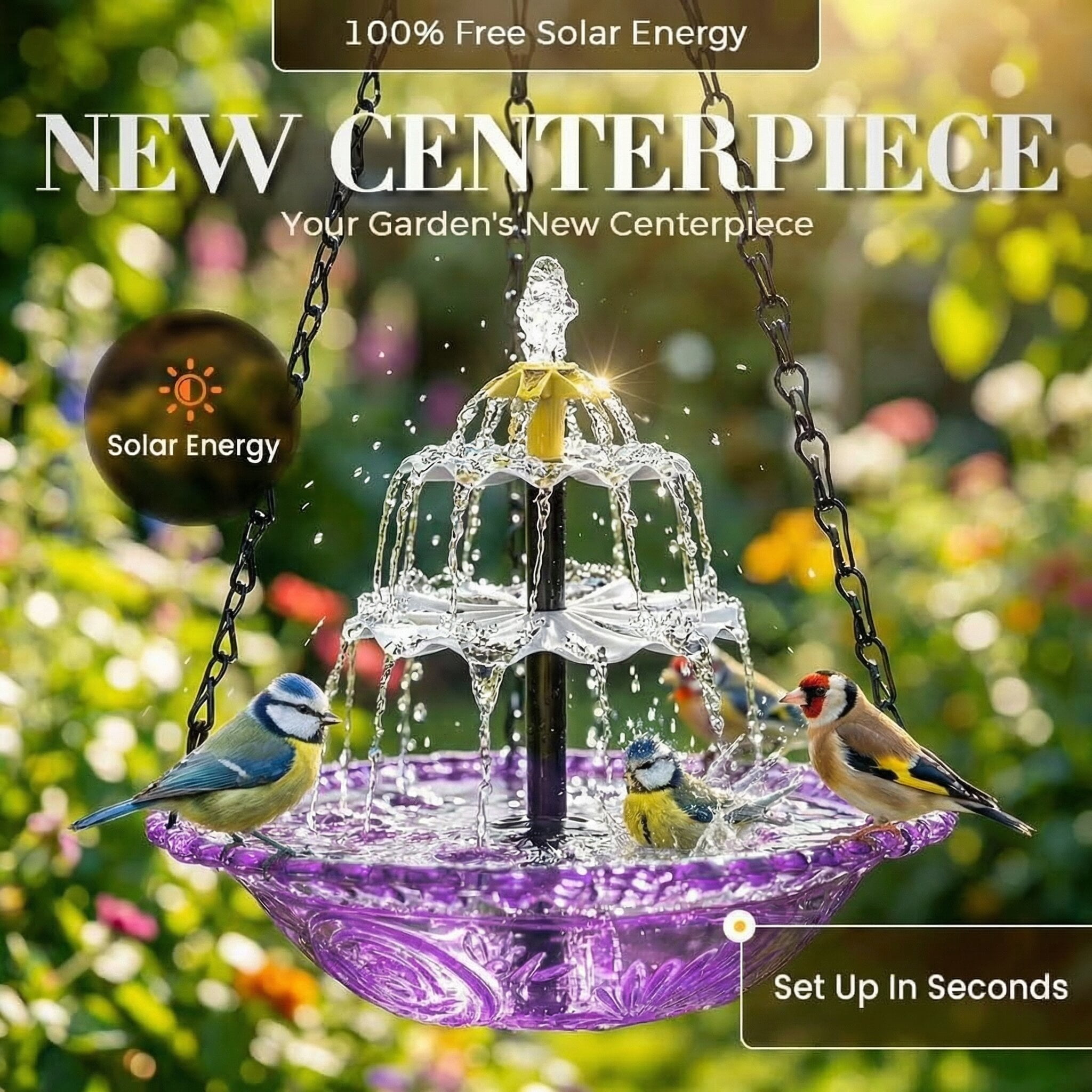 ValueAgain Solar Cascade Hanging Bird Bath Fountain, Outdoor Hanging Bird Bath with Solar Fountain, Large Humming Bird Baths are Suitable, with Solars Pump & Bowl,for Outdoor, Gardens, Purple