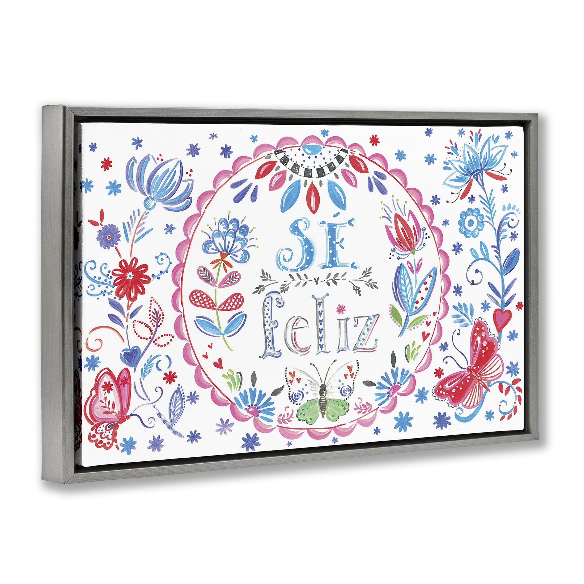 Stupell Industries Se Felices Mariposas Florales Inspirational Quotes & Sayings Drawing Gray Floater Framed Art Print Wall Art, 25 x 17