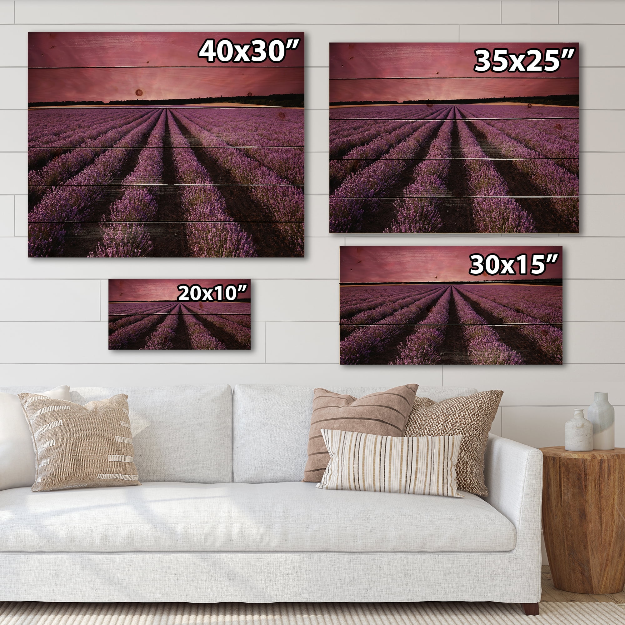Designart 'Dramatic Clouds and Sunrise Over Lavender Field XI' Farmhouse Print on Natural Pine Wood