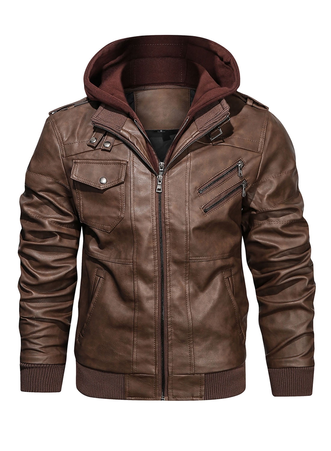 Hood Crew Men’s PU Faux Leather Motorcycle Bomber Jacket With a Removable Hood 