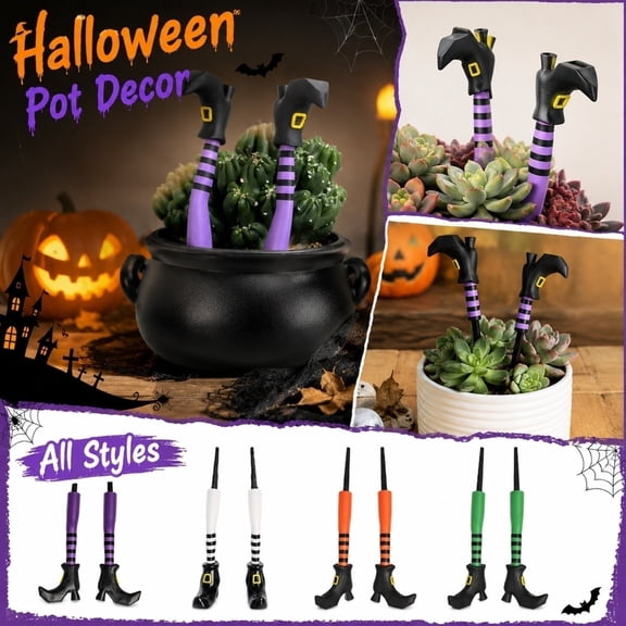 Halloween Witch Legs Plant Pot Decorations – 2-Pack Floral Planter for Indoor Outdoor, Green