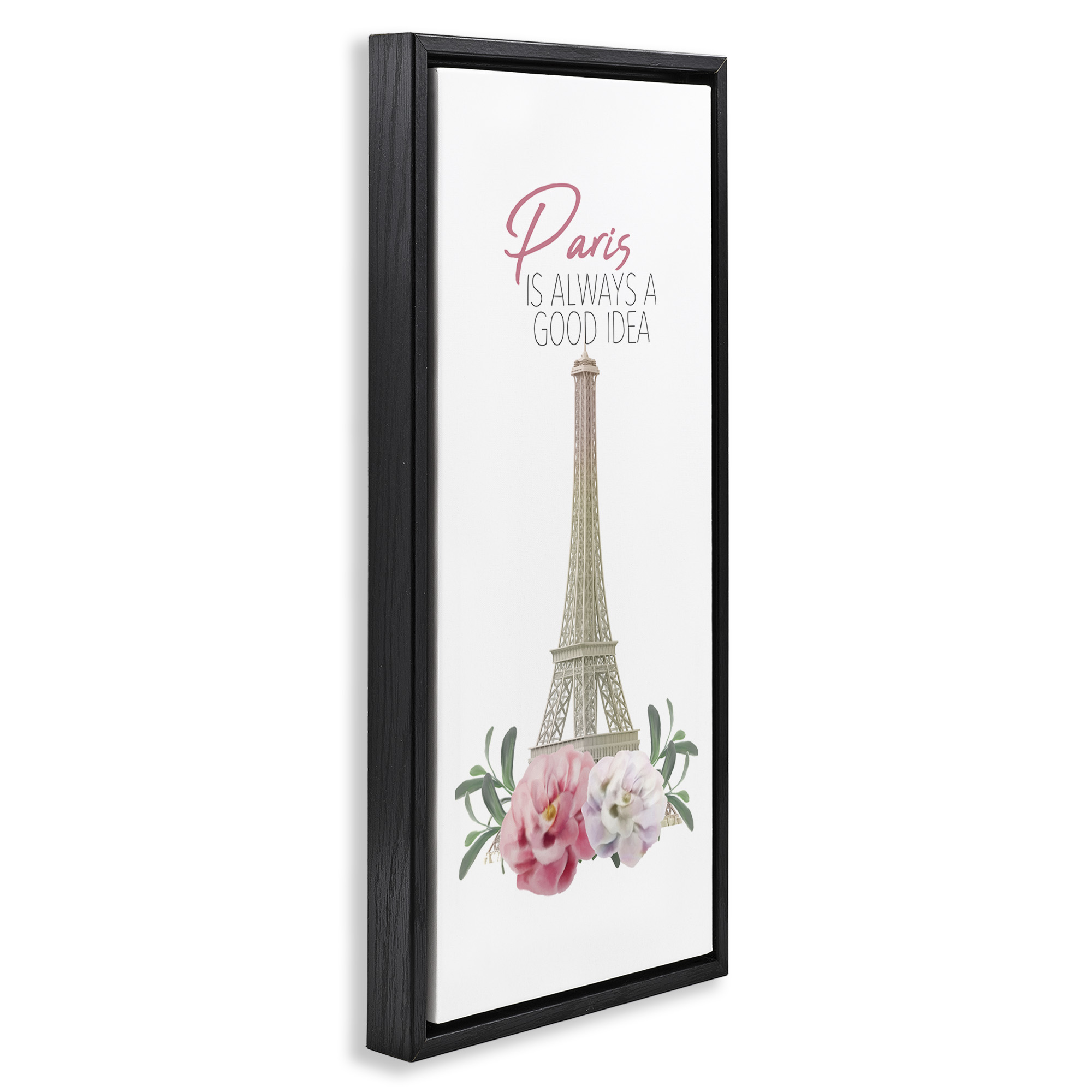 Stupell Industries Paris Good Idea Phrase Eiffel Tower Botanical & Floral Painting Black Floater Framed Canvas Art Print Wall Art, 11 x 25