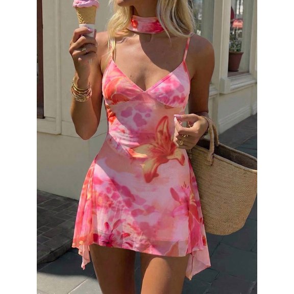 Yellow Women Floral Print Spaghetti Strap V-Neck Tie Neck Summer Mini