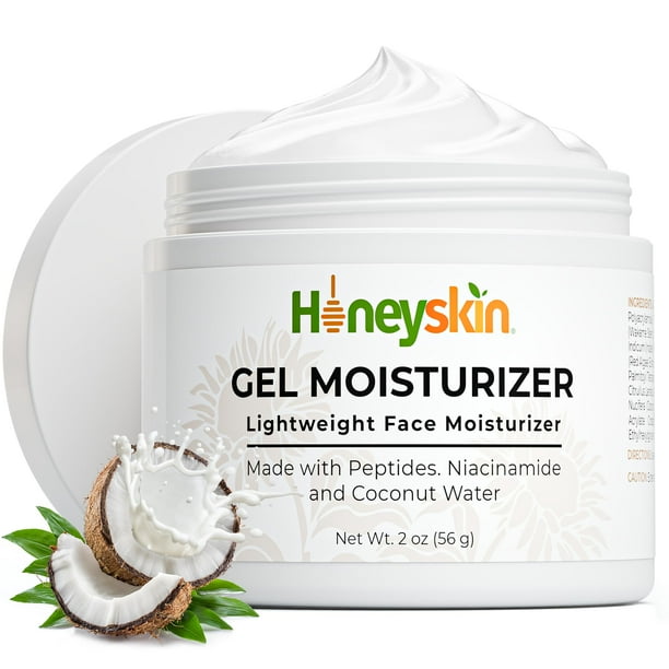 Honeyskin Gel hidratante para la cara - Gel de agua ligero impregnado con agua de coco con niacinamida y péptidos para una hidratación profunda - Hidratante facial hipoalergénico para mujeres 2oz