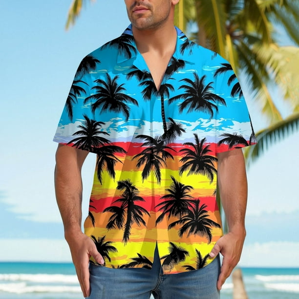 Blusa y camisa de manga corta con cuello vuelto para hombre, blusa informal con botones y estampado hawaiano, blusa de manga corta con cuello vuelto para hombre